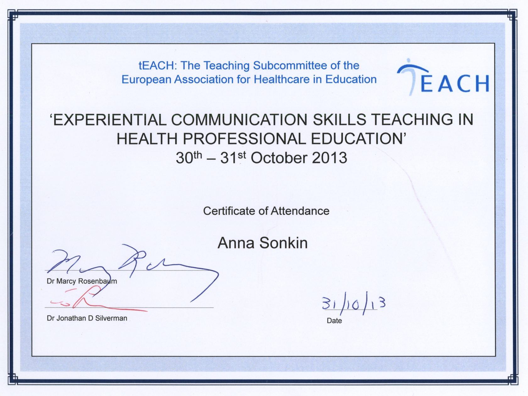Сертификат EACH «Experiential Communication Skills Teaching in Health Professional Education», Анна Сонькина