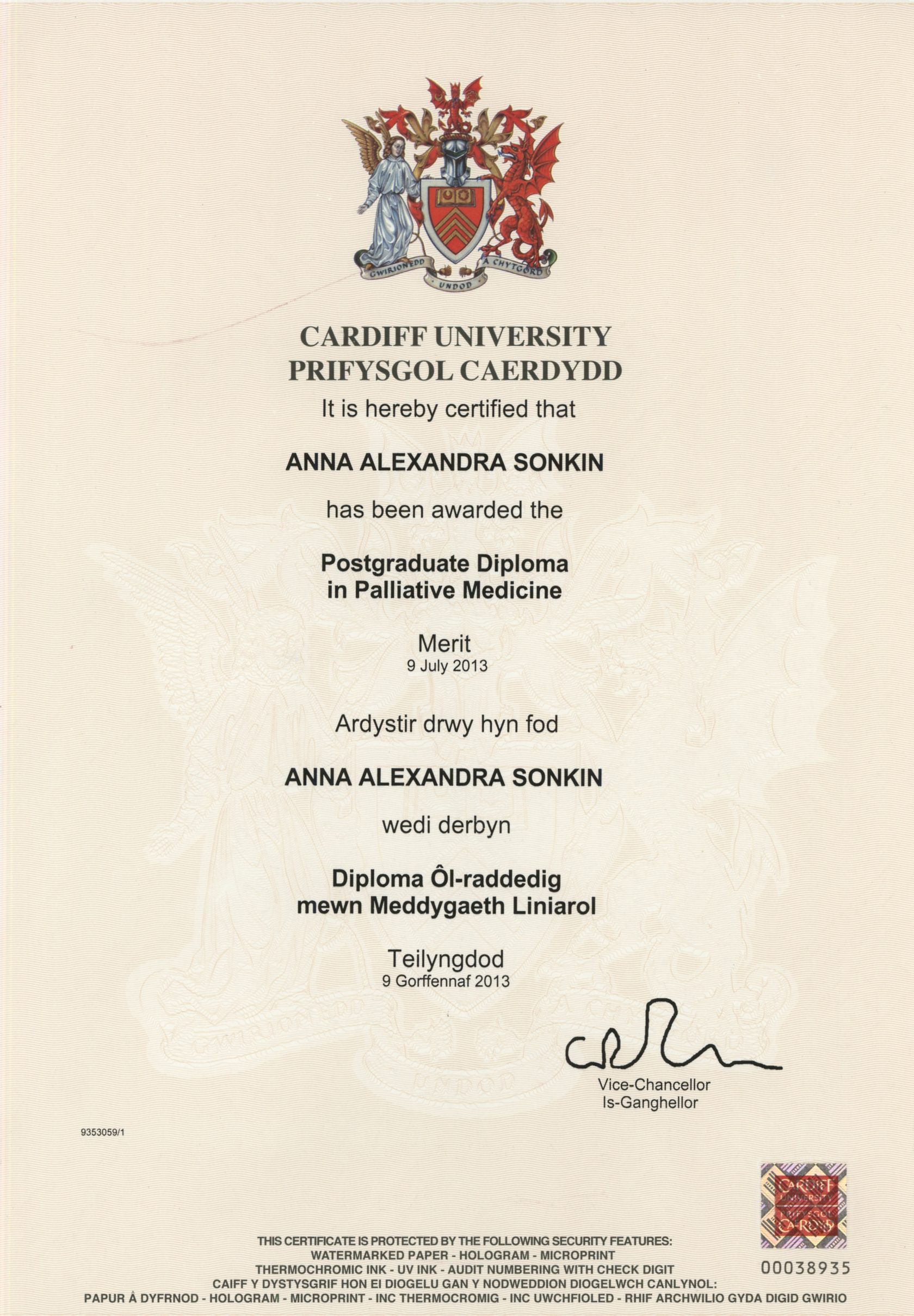 Диплом Cardiff University — Postgraduate Diploma in Palliative Medicine, Анна Сонькина