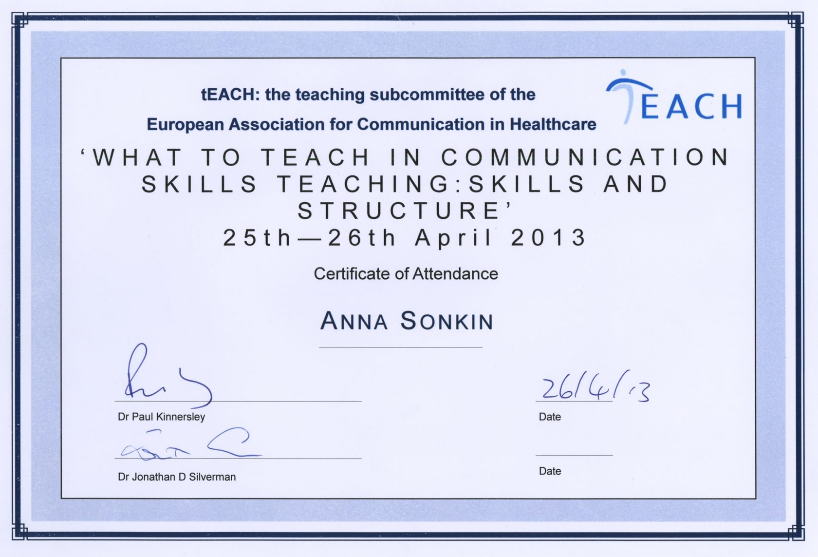 Сертификат EACH «What to Teach in Communication Skills Teaching: Skills and Structure», Анна Сонькина